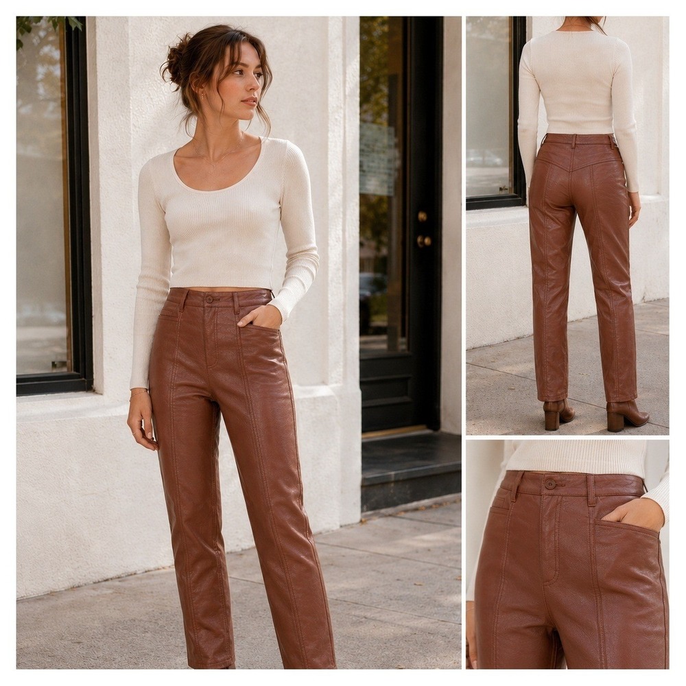 Wilfred Aritzia Faux Leather Pants Size 2 Brown Straight Leg Vegan Leather